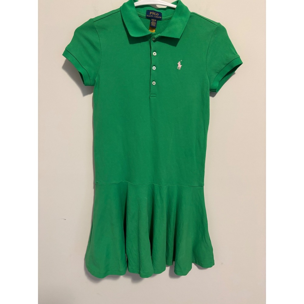 Polo Ralph Lauren Girls Green Cotton Mesh Polo Dress Pink Pony Size M 8-10